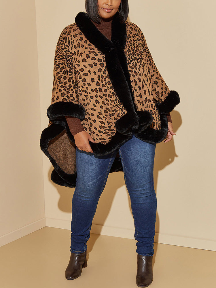 Leopard Faux Fur Trim Shawl