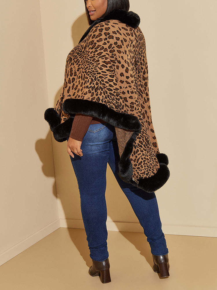 Leopard Faux Fur Trim Shawl