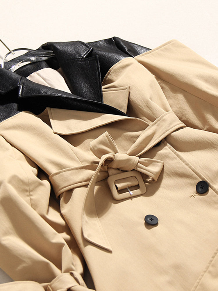 Leather Contrast Belted Trench Coat - ECHOINE