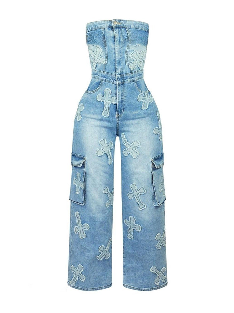 Cross Strapless Denim Jumpsuit