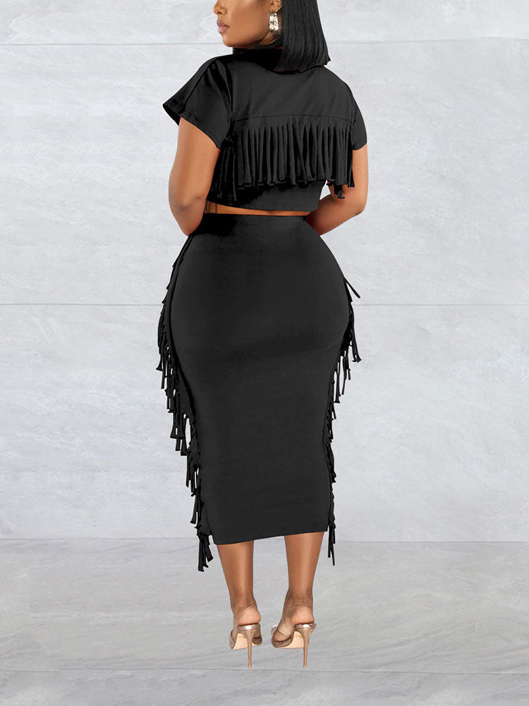 Fringe Crop Top Skirt Sets - ECHOINE