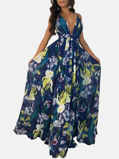 V-Neck Floral Backless Chiffon Dress