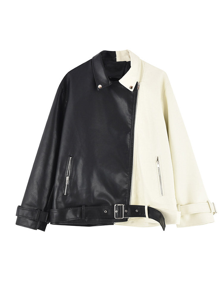 Colorblock PU Leather Jacket - ECHOINE