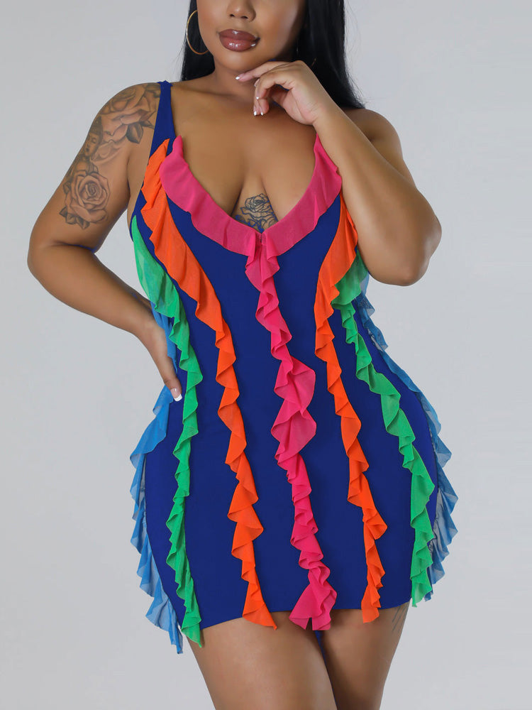 Colorful Ruffles V Neck Dress - ECHOINE