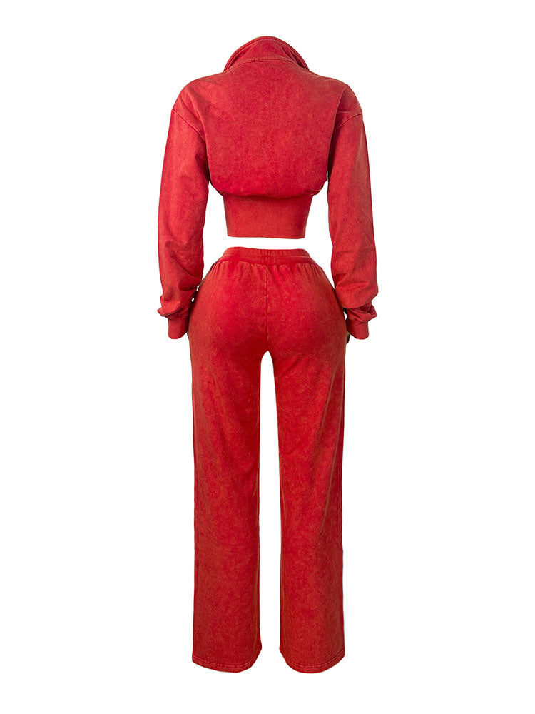 Acid Wash Cropped Jacket & Wide Pants Set