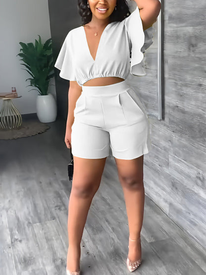 Ruffle Top Pocket Shorts Set - ECHOINE