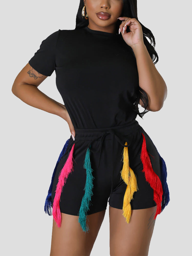 Solid Top Colorful Tassels Shorts Set - ECHOINE