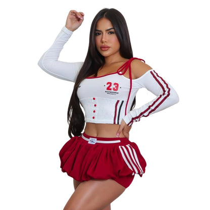 One Shoulder Lace Top Bubble Skort Set