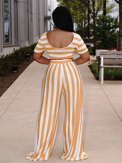 Striped Crop Top Wide Leg Pants Sets - ECHOINE