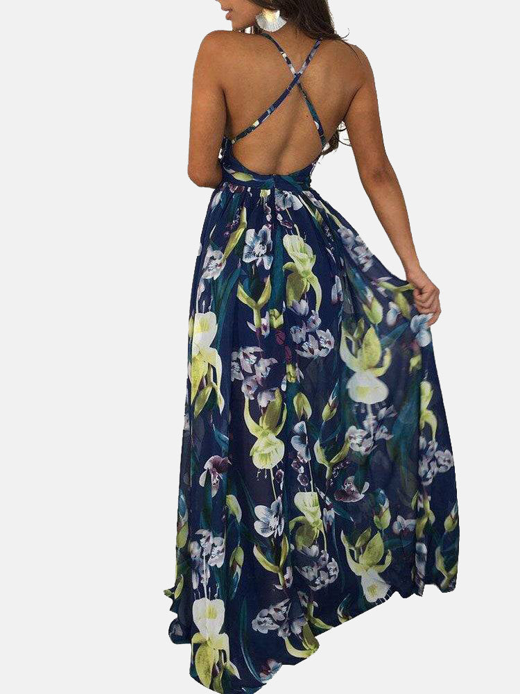 V-Neck Floral Backless Chiffon Dress