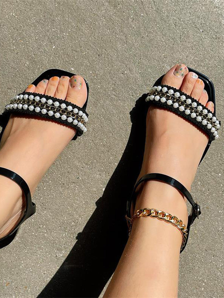 Pearls Chain Flat Sandals - ECHOINE