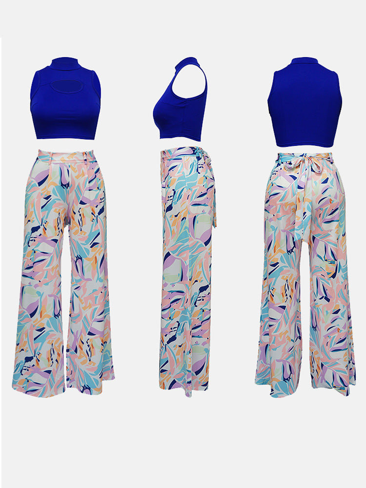 Cutout Top Floral Pants Set - ECHOINE