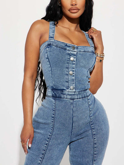 Sleeveless Flared Denim Jumpsuit - ECHOINE