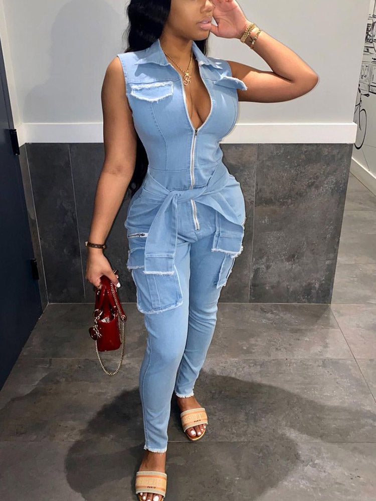 Sleeveless Cargo Denim Jumpsuit - ECHOINE