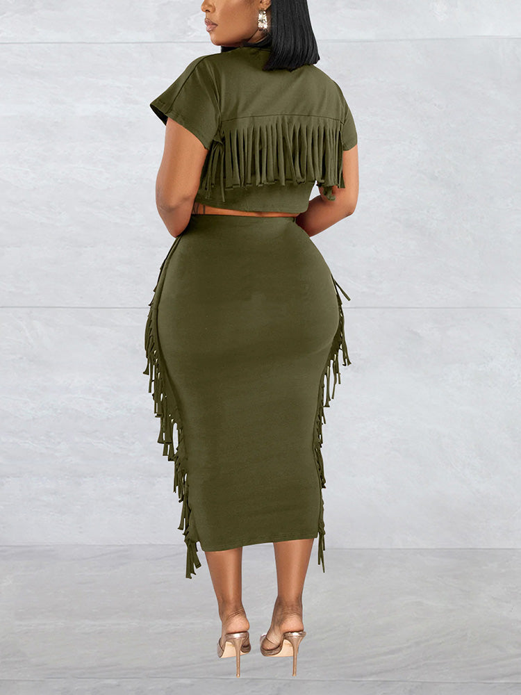 Crop Top Tassel Skirt Set - ECHOINE