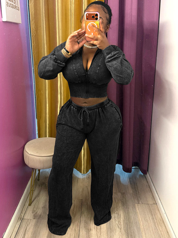 Acid Wash Cropped Jacket & Wide Pants Set