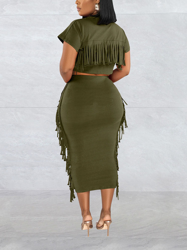 Fringe Crop Top Skirt Sets - ECHOINE