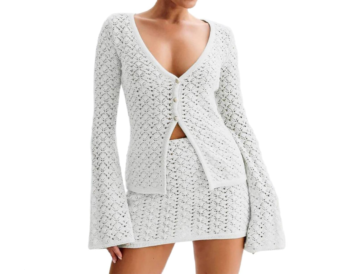 Crochet Knit Top Skirt Set