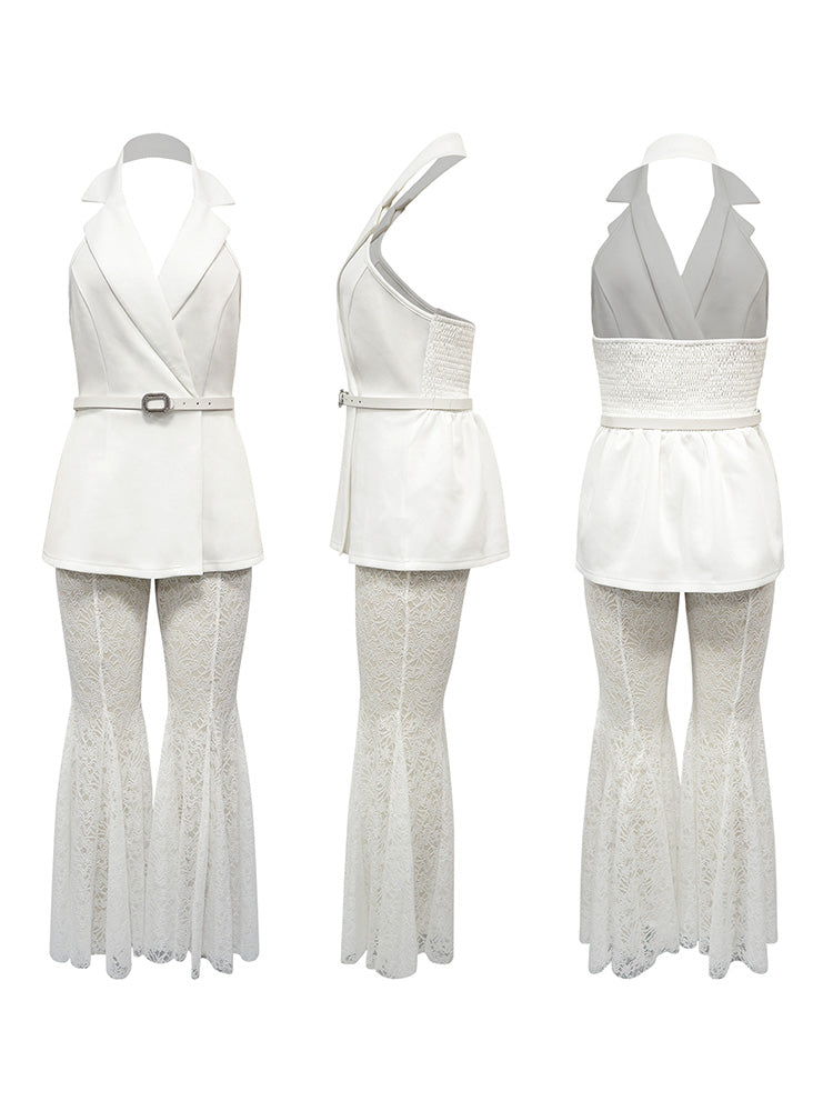 Blazer Vest & Lace Flare Pants Set