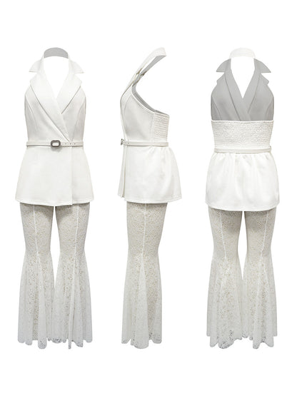 Blazer Vest & Lace Flare Pants Set