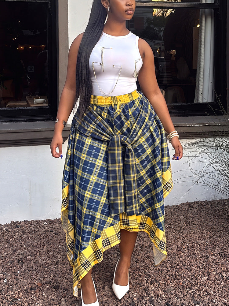 Contrast Plaid Asymmetric Skirt