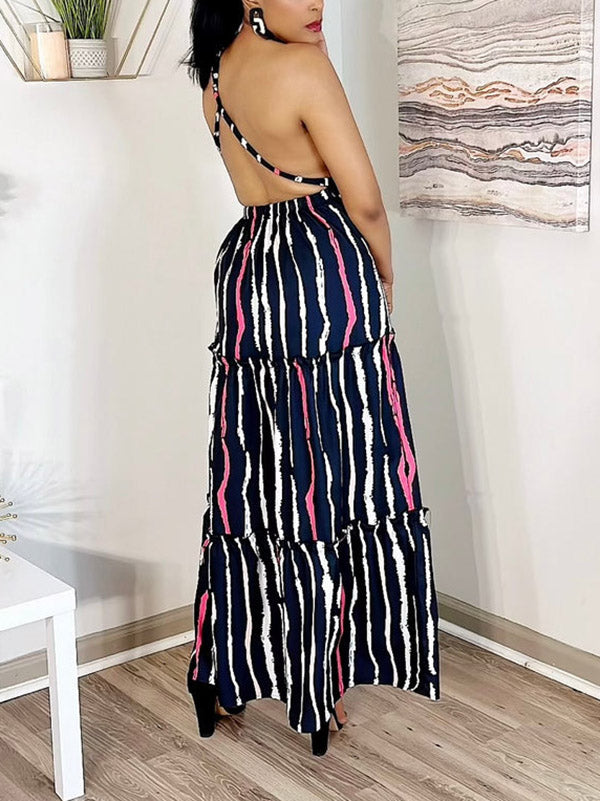 One Shoulder Striped Maxi Dress