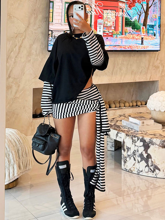 Layered Striped Top & Side-Tie Shorts Set