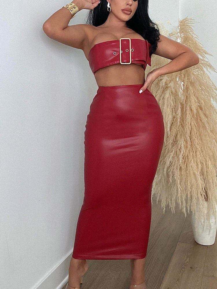Faux Leather Skirt Set - ECHOINE