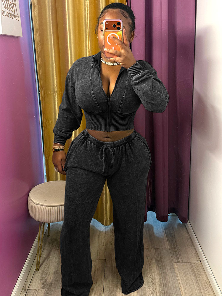 Acid Wash Cropped Jacket & Wide Pants Set