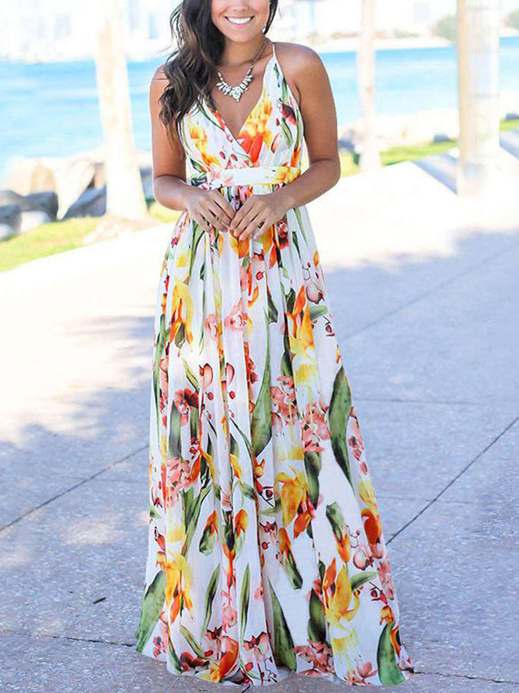 V-Neck Floral Backless Chiffon Dress