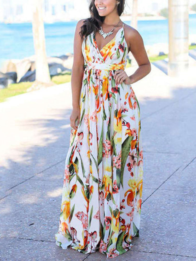 V-Neck Floral Backless Chiffon Dress