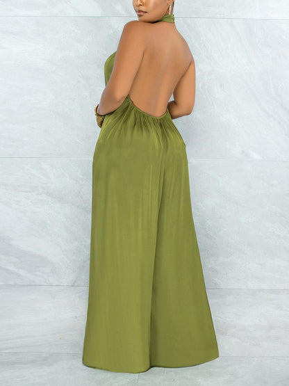 Satin Backless Halter Jumpsuit - ECHOINE