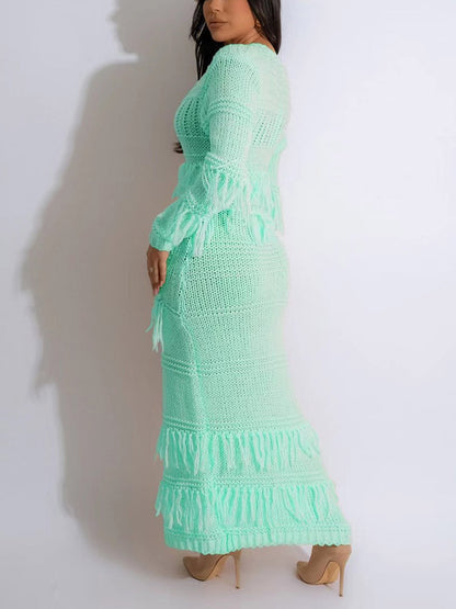 Fringe Knitted Cardigan Dress - ECHOINE