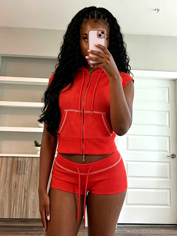 Waffle-Knit Hoodie & Short Set