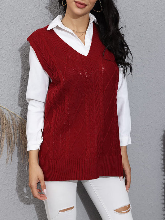 V Neck Plaid Cable Knit Vest