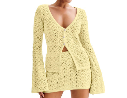 Crochet Knit Top Skirt Set