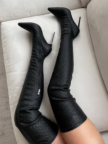 Embossed Heel Over The Knee Boots - ECHOINE