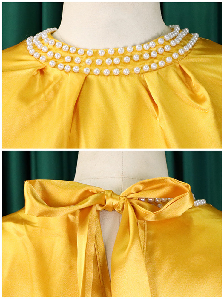 Pearls Neck Bandage Sleeve Ruffle Dress - ECHOINE