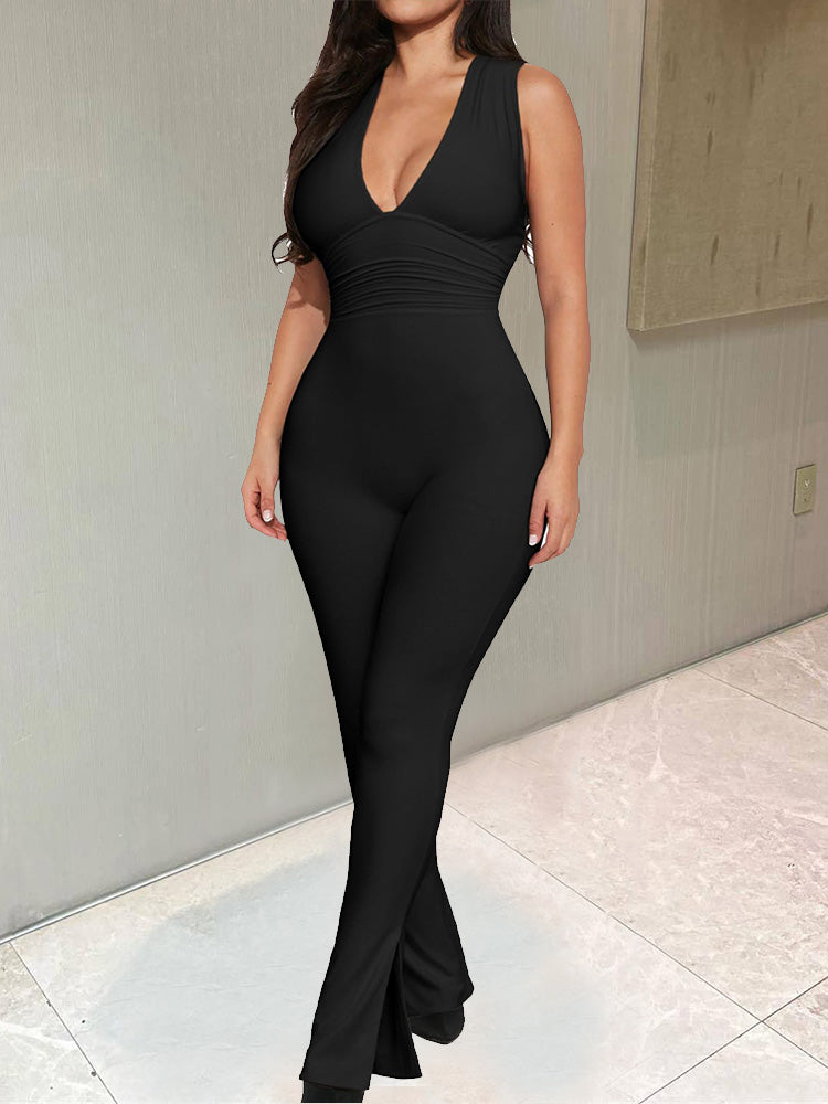 V Neck Ruched Bodycon Jumpsuit - ECHOINE