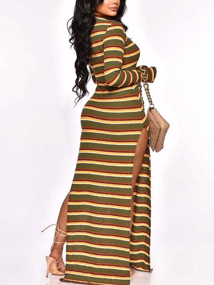 Ribbed Striped Slit Dress - ECHOINE