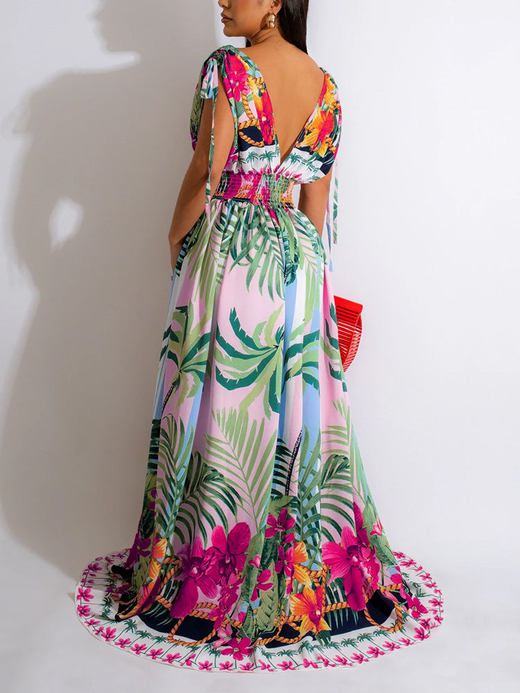 Sleeveless Elastic Waist Floral Dress - ECHOINE