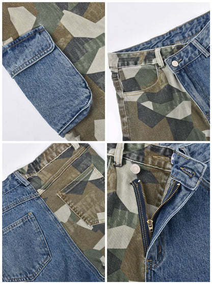 Camouflage Denim Patchwork Pants with Pockets - ECHOINE