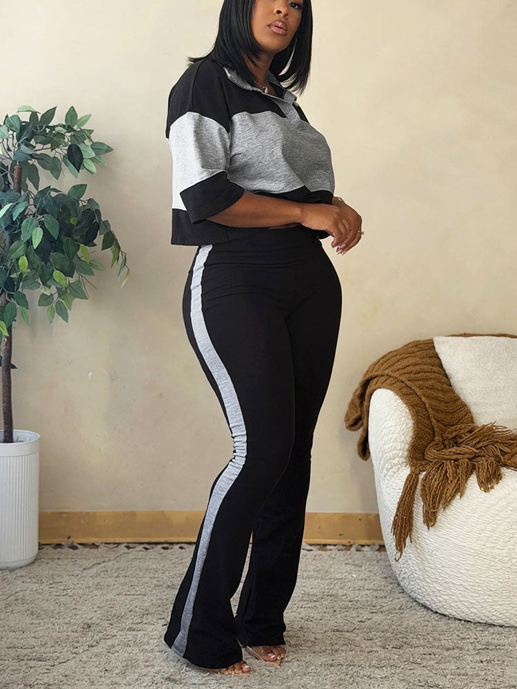 Colorblock Cropped Polo Top & Flare Leggings Set