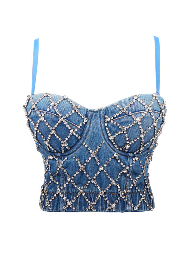 Rhinestone Denim Corset Top - ECHOINE