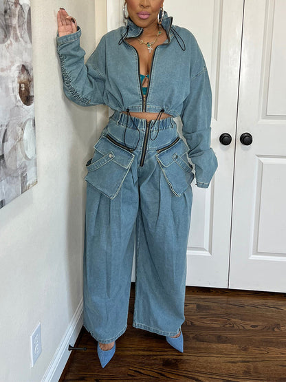 Denim Jacket & Wide Pants Set - ECHOINE