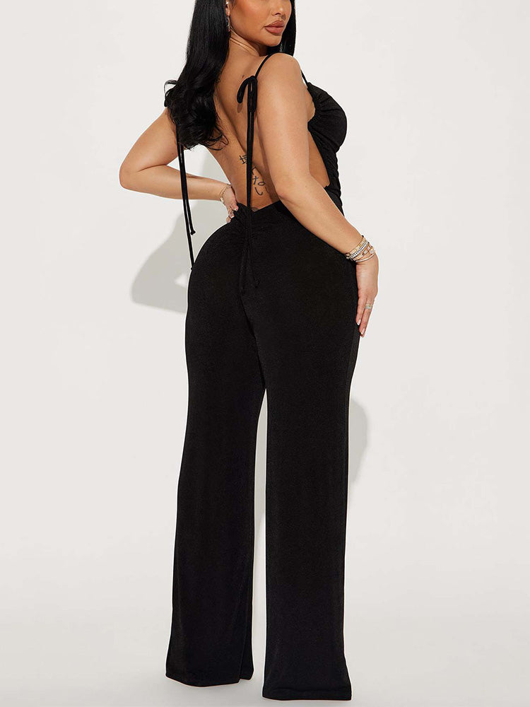 Tie Up Backless Ruched Jumpsuit - ECHOINE