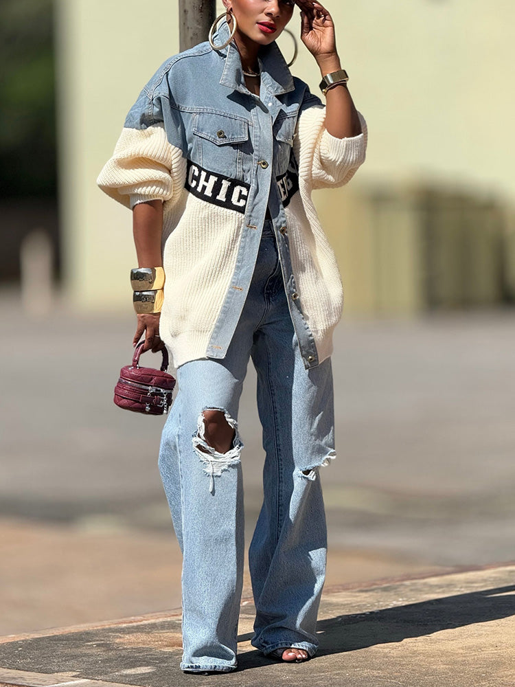 Chic Knit Denim Contrast Jacket