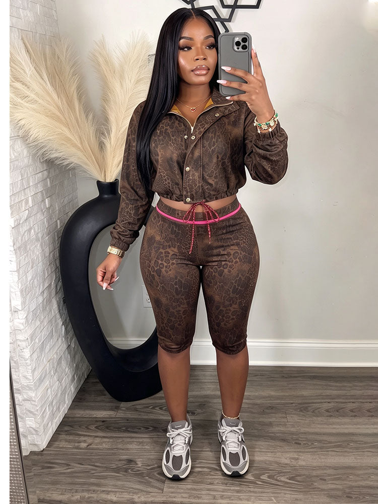 Leopard Cropped Jacket & Capri Shorts Set