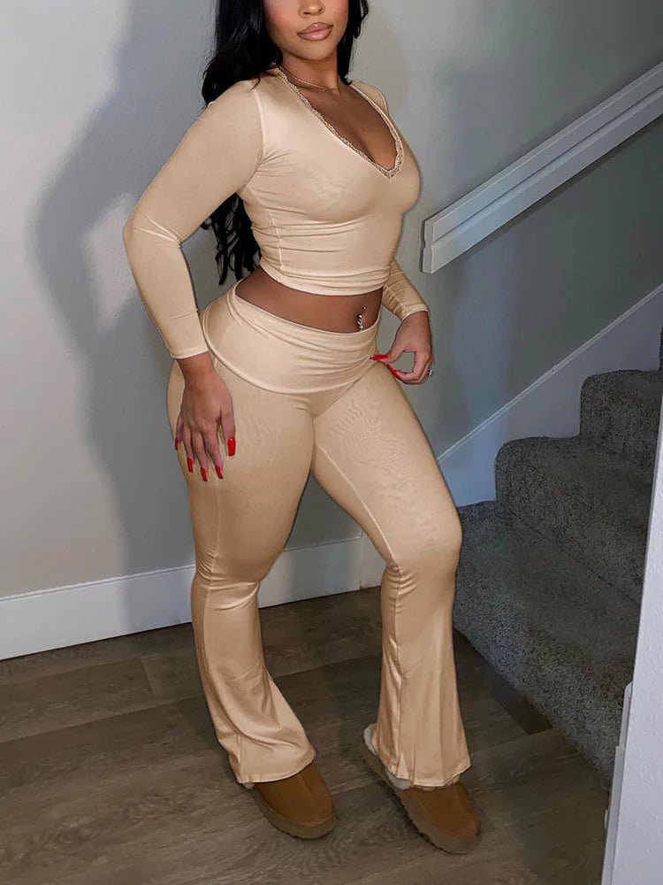 Contrast Lace Crop Top & Flare Pants Lounge Set