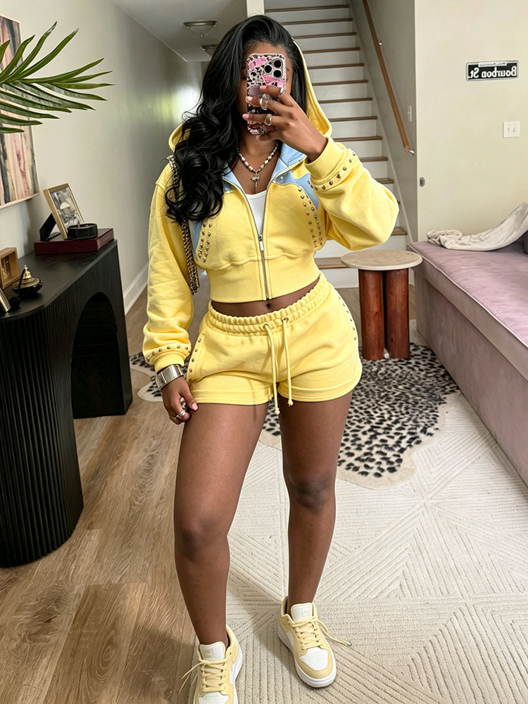 Studded Hoodie Jacket & Shorts Set